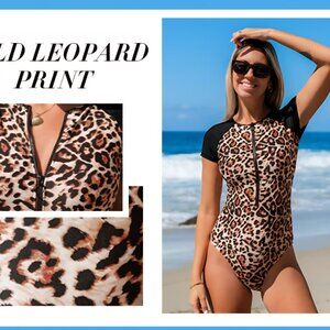 NWT Women's High Neck Zipper Front Leopard Print Short Sleeve Bathing Suit